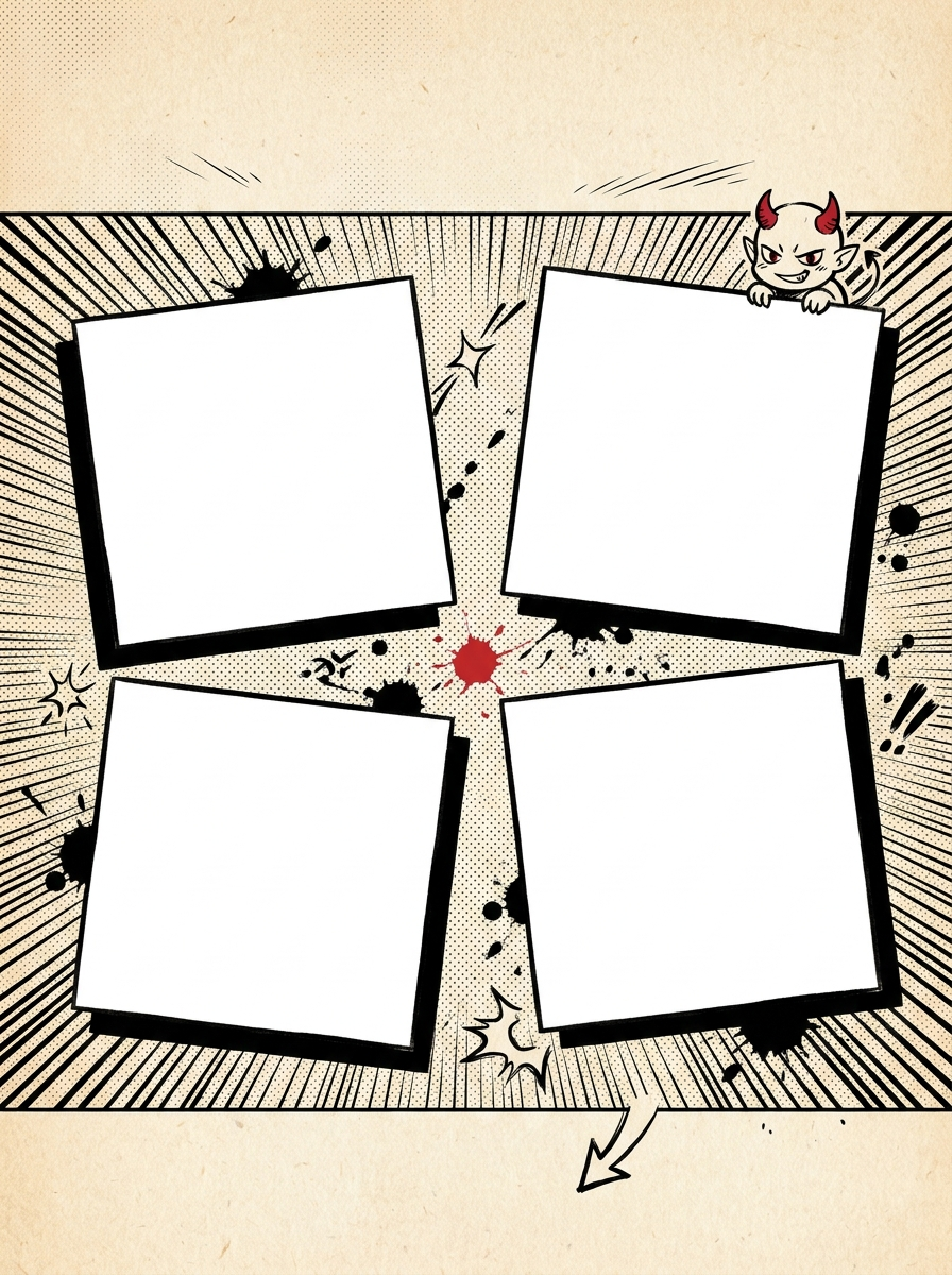 Handgezeichnete Mangaseite mit vier leeren Panels für die neuesten Folgen